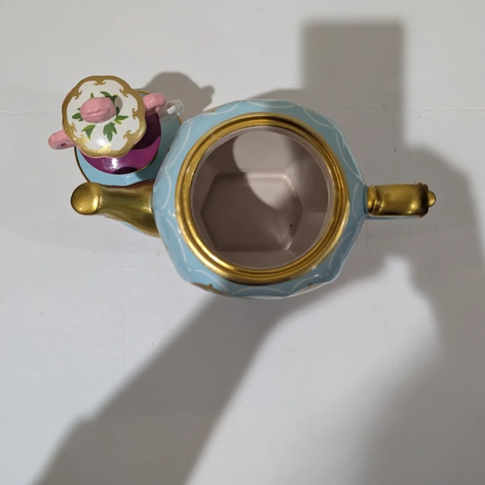 Alice In Wonderland, Elegant Blue and Gold Teapot with Pink Floral Lid 11"X9" - Picture 7 of 13